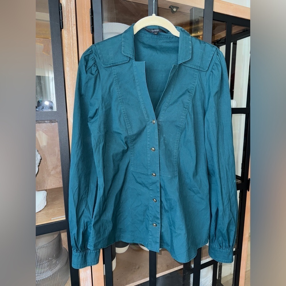 Vintage Gucci teal button up shirt blouse long sleeve top emerald brass work